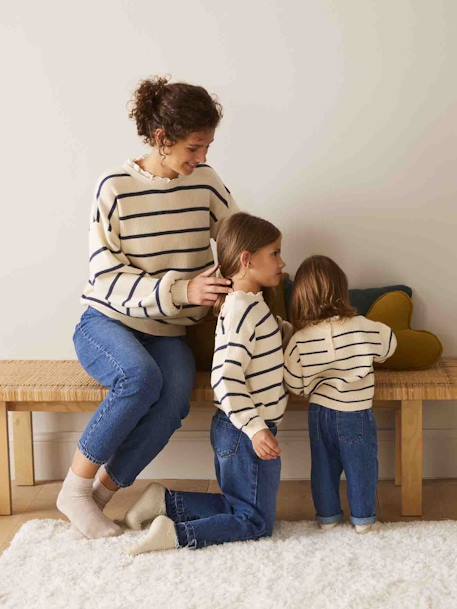 Rib Knit Jumper with Broderie Anglaise Collar for Babies sage green+striped navy blue 