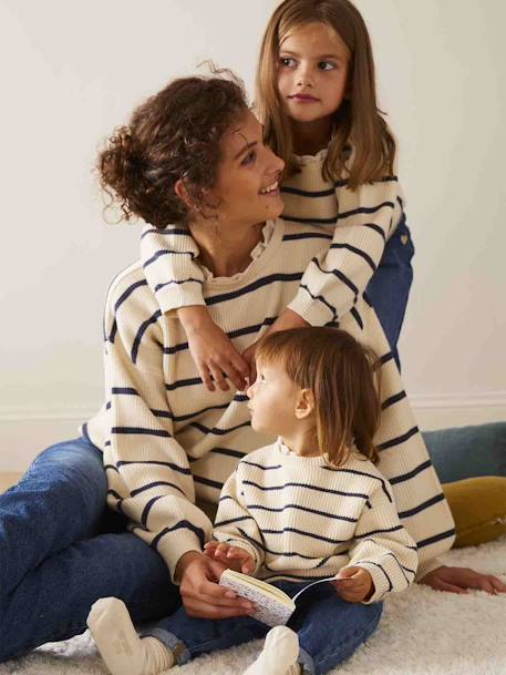 Rib Knit Jumper with Broderie Anglaise Collar for Babies sage green+striped navy blue 