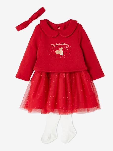 Christmas Combo: Dress, Headband & Tights for Babies red 