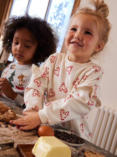 Christmas Special Sweatshirt with Candy Cane Glittery Hearts & Ruffled Sleeves for Girls ecru 