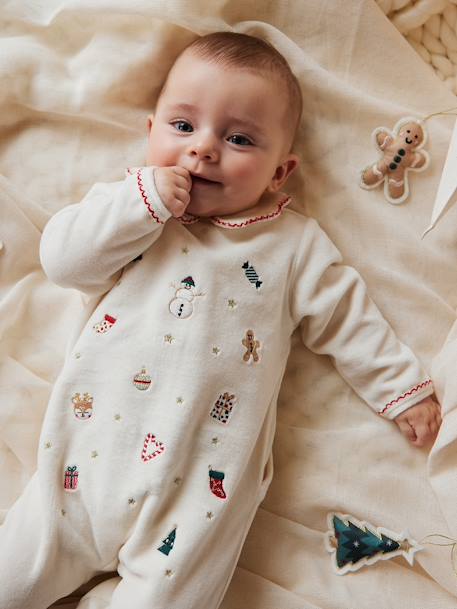 Embroidered Christmas Velour Sleepsuit for Babies ecru 