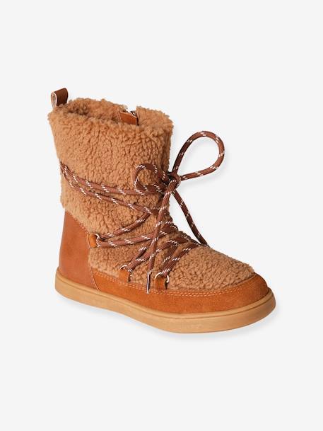 High Top Leather & Plush Trainer Boots  for Girls brown 