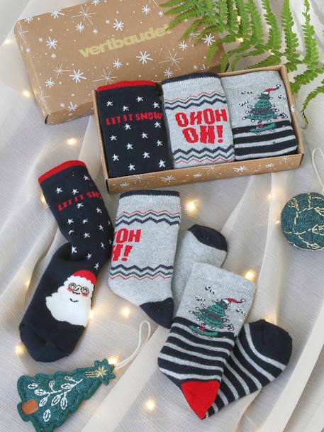 Gift Box with 3 Pairs of Christmas Socks for Boys navy blue 