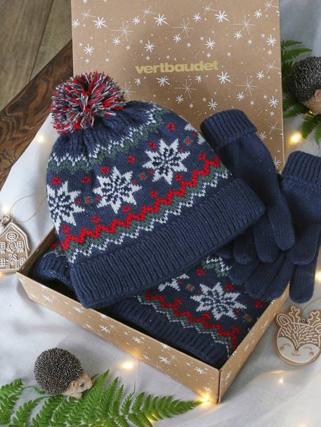 Christmas Gift Box with 'Snowflake' Beanie, Snood & Gloves Set for Boys navy blue 