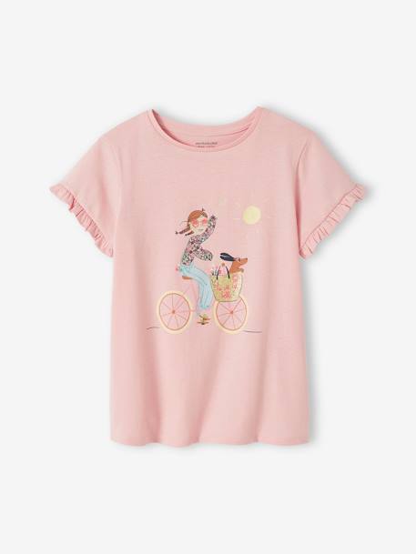 T-Shirt with Bicycle Motif for Girls aqua green+ecru+pale pink+rosy+WHITE MEDIUM SOLID WITH DESIGN 