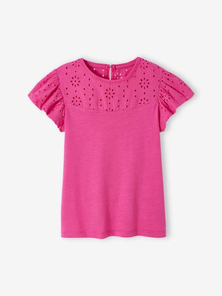 T-Shirt for Girls, with Broderie Anglaise and Ruffled Sleeves BLUE MEDIUM SOLID+coral+fuchsia+Light Green+mauve+White 