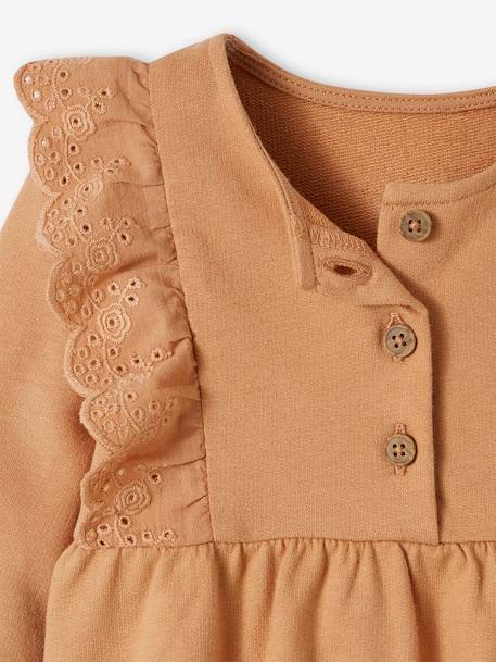 Fleece Dress, Broderie Anglaise Ruffle, for Babies caramel+grey blue 