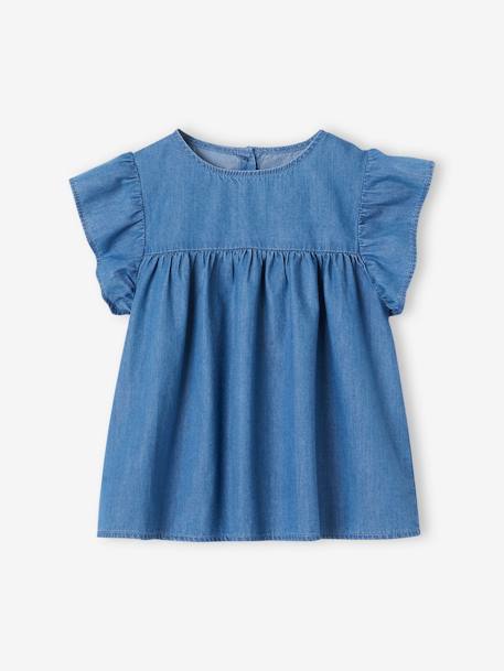 Light Denim Blouse with Short Ruffled Sleeves for Girls stone 