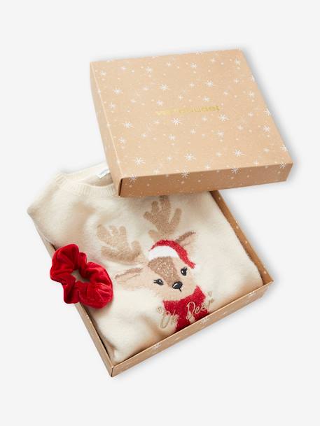 Christmas Gift Box with Jacquard Knit Reindeer Jumper + 2 Scrunchies for Girls ecru 