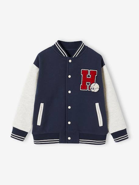 College-Type Jacket in Fleece, Patch in Bouclé Knit, for Boys fir green+navy blue 