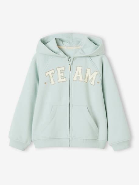 Hooded Jacket with 'Team' Sport Motif for Girls aqua green+green+navy blue+sweet pink 