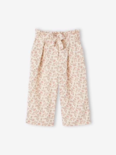 Cropped, Wide Leg Paperbag Trousers in Cotton Gauze for Girls ecru+old rose+sage green 