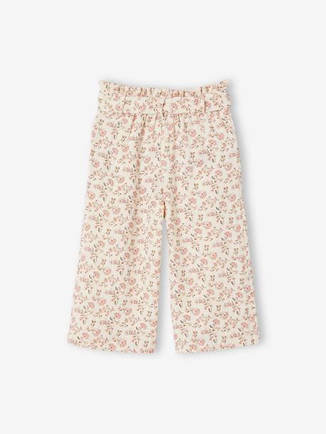 Cropped, Wide Leg Paperbag Trousers in Cotton Gauze for Girls ecru+old rose+sage green 