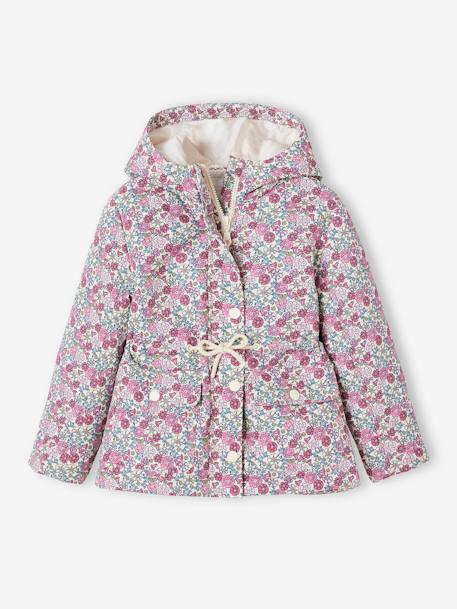 Short Hooded Parka with Flower Motifs for Girls multicoloured 