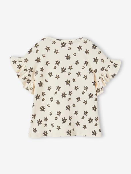 Rib Knit T-Shirt, Floral Print, for Girls beige+printed white 