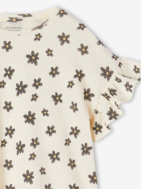 Rib Knit T-Shirt, Floral Print, for Girls beige+printed white 