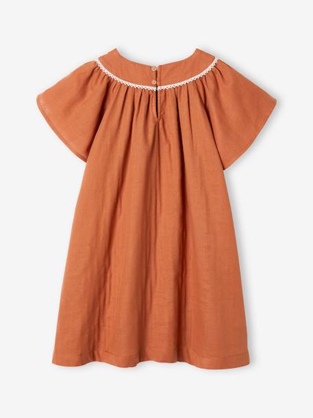 Embroidered Dress in Linen-Effect Fabric for Girls caramel 