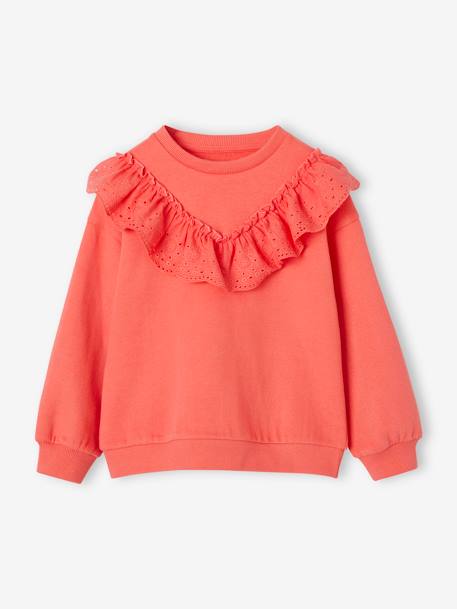 Sweatshirt with Broderie Anglaise Ruffle for Girls coral+vanilla 