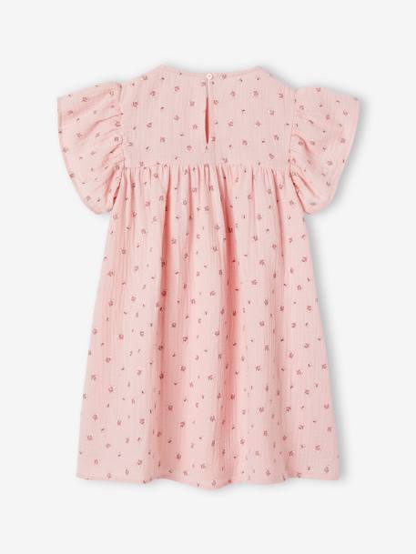 Cotton Gauze Dress with Floral Print, for Girls ecru+grey blue+rose 