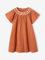 Girls-Dresses-Embroidered Dress in Linen-Effect Fabric for Girls