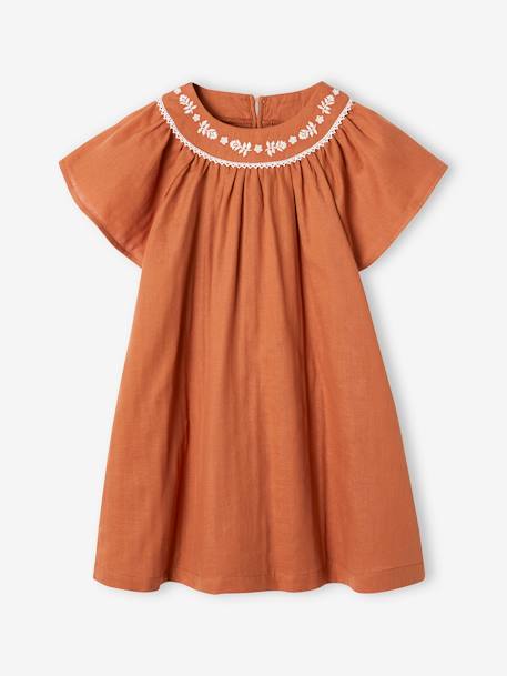 Embroidered Dress in Linen-Effect Fabric for Girls caramel 