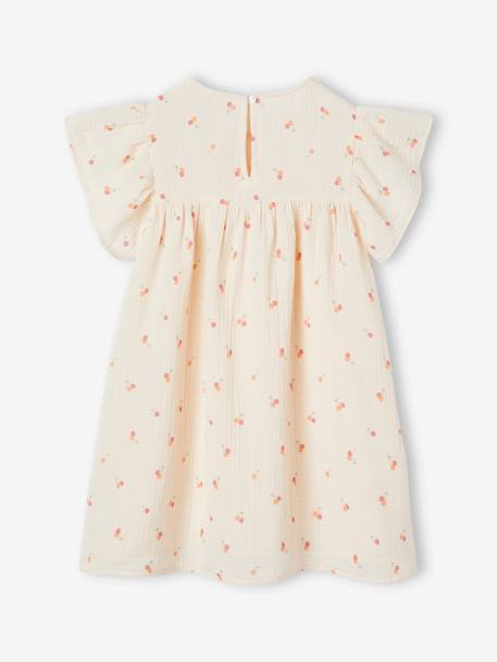 Cotton Gauze Dress with Floral Print, for Girls ecru+grey blue+rose 