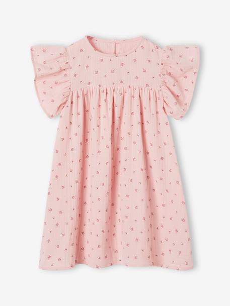 Cotton Gauze Dress with Floral Print, for Girls ecru+grey blue+rose 