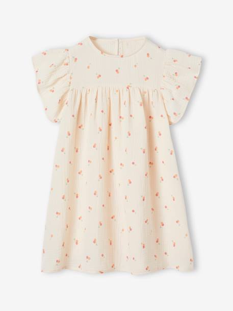 Cotton Gauze Dress with Floral Print, for Girls ecru+grey blue+rose 