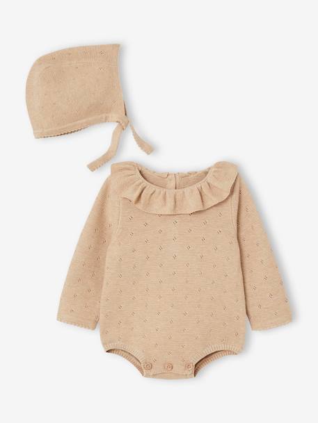 Knitted Long Sleeve Rompers & Bonnet for Babies marl beige 