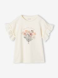 Girls-Tops-T-Shirts-T-Shirt with Bouquet in Relief & Embroidered Sleeves for Girls