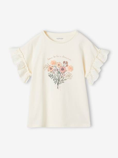 T-Shirt with Bouquet in Relief & Embroidered Sleeves for Girls vanilla 