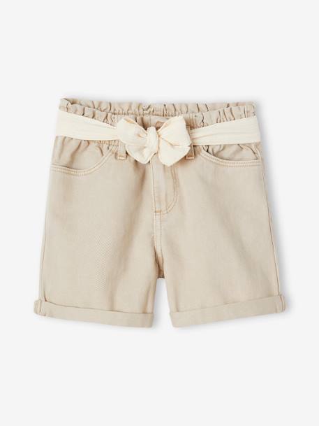 Paperbag Shorts in Cotton Gauze, with Belt, for Girls aqua green+rosy+sandy beige 