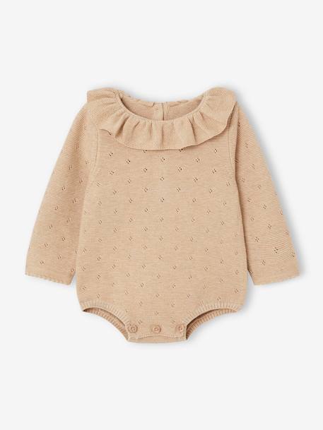 Knitted Long Sleeve Rompers & Bonnet for Babies marl beige 