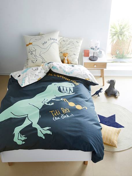 Children's Reversible Duvet Cover & Pillowcase Set, Dinorama Theme Dark Blue/Print 