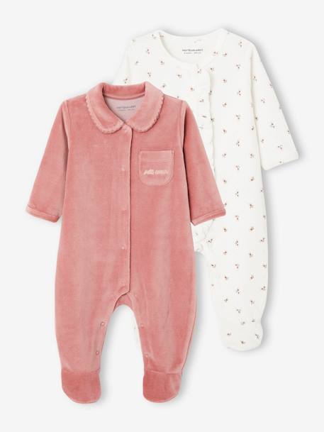 Pack of 2 Sleepsuits In Velour, for Babies old rose 