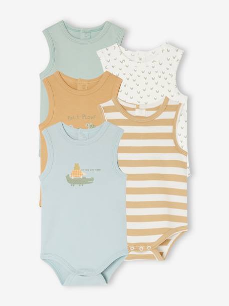 Pack of 5 Sleeveless Bodysuits in Organic Cotton for Newborn Babies mint green 