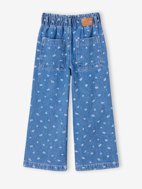 Wide-Leg Paperbag Jeans with Flower Motifs for Girls deep blue+stone 