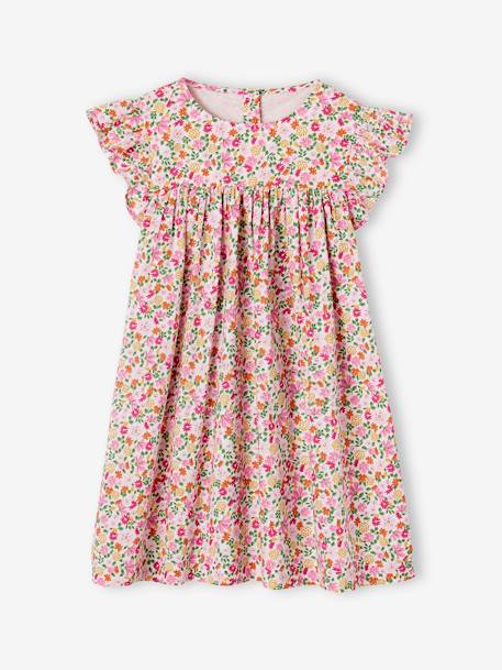 Ruffled, Short Sleeve Dress with Prints, for Girls ecru+fir green+pale pink 