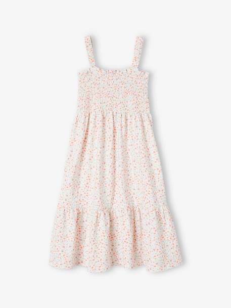 Smocked Strappy Dress, for Girls apricot+emerald green+printed white 