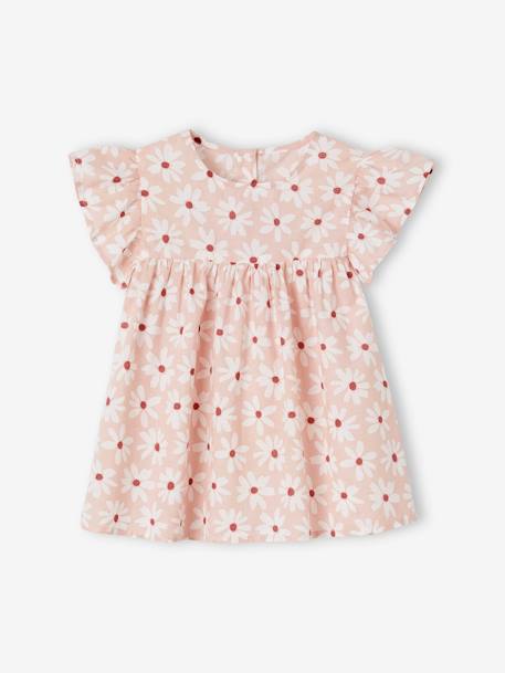 Blouse with Flower Motifs & Short Ruffled Sleeves for Girls pale pink+printed orange 