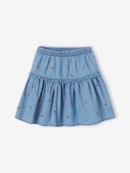 Girls-Skirts-Light Denim Skirt with Embroidered Cherries, for Girls