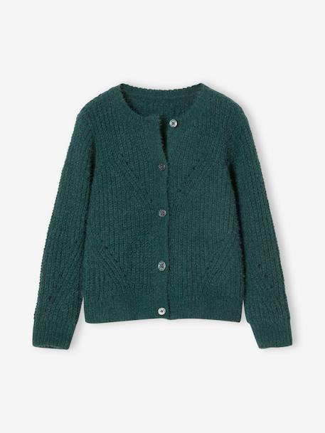 Cardigan in Openwork Chenille Knit for Girls dusky pink+green 