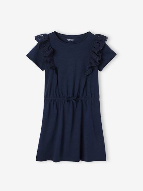 Ruffled Dress in Broderie Anglaise, for Girls grey green+navy blue+pale yellow 