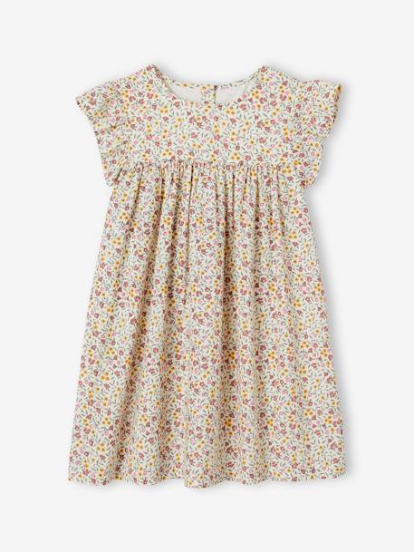 Ruffled, Short Sleeve Dress with Prints, for Girls ecru+fir green+pale pink 