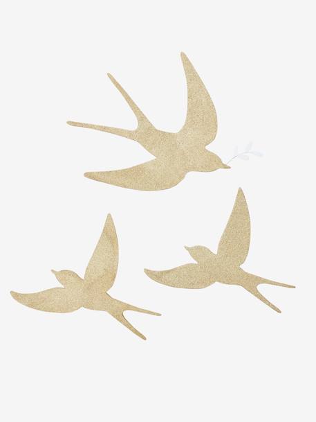 Set of 3 Wall Swallows BROWN LIGHT SOLID+gold+Light Pink 