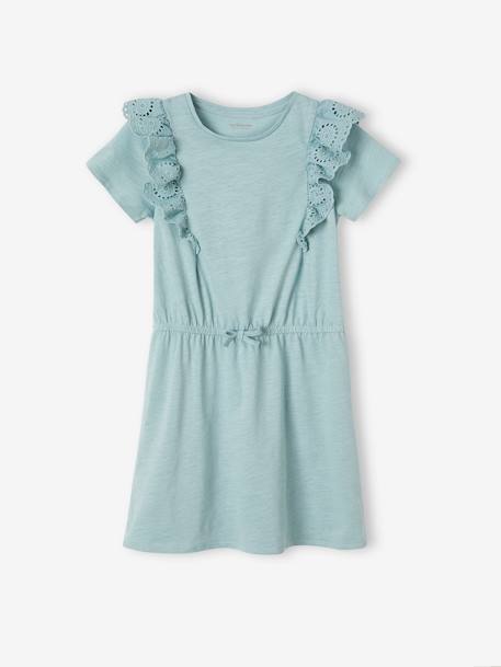 Ruffled Dress in Broderie Anglaise, for Girls grey green+navy blue+pale yellow 