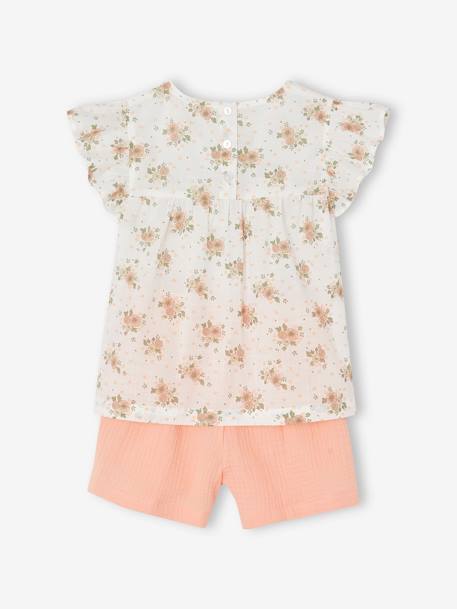 Occasion Wear Outfit: Blouse with Ruffles & Shorts in Cotton Gauze, for Girls printed blue+printed pink 