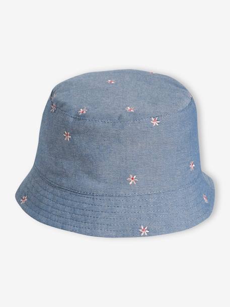 Denim Bucket Hat with Embroidered Flowers, for Baby Girls denim blue 