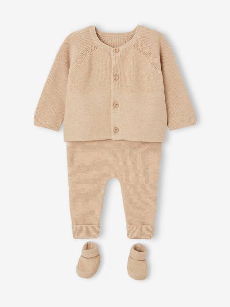 3-Piece Knitted Ensemble: Cardigan, Trousers & Booties for Newborn Babies marl beige 