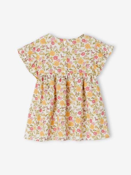 Blouse with Flower Motifs & Short Ruffled Sleeves for Girls pale pink+printed orange 